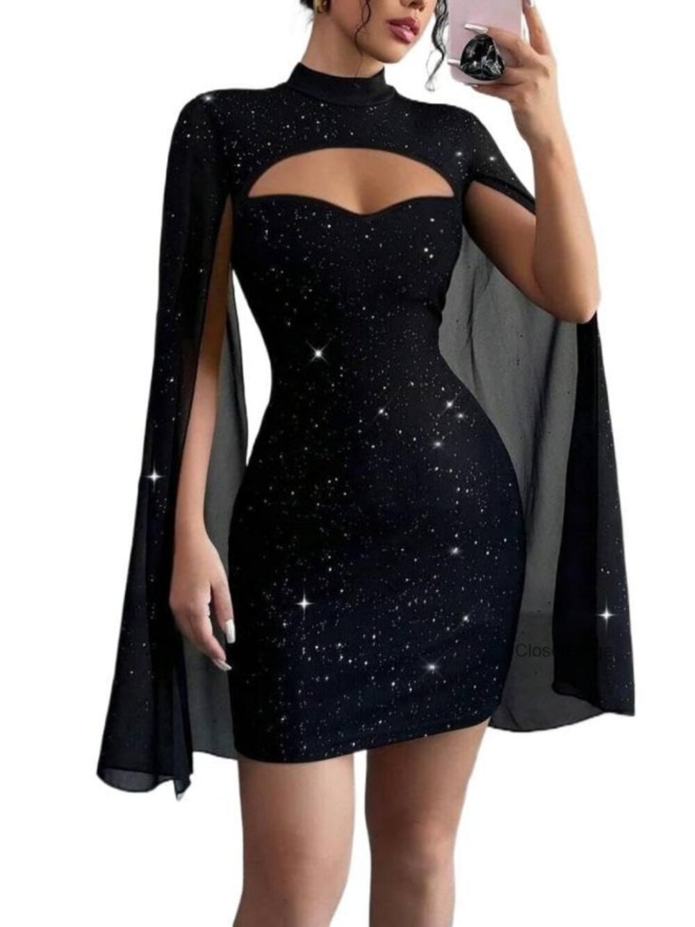 Women's Sequin Cocktail Party Dress Mock Neck Long Sleeve Cloak High Waist